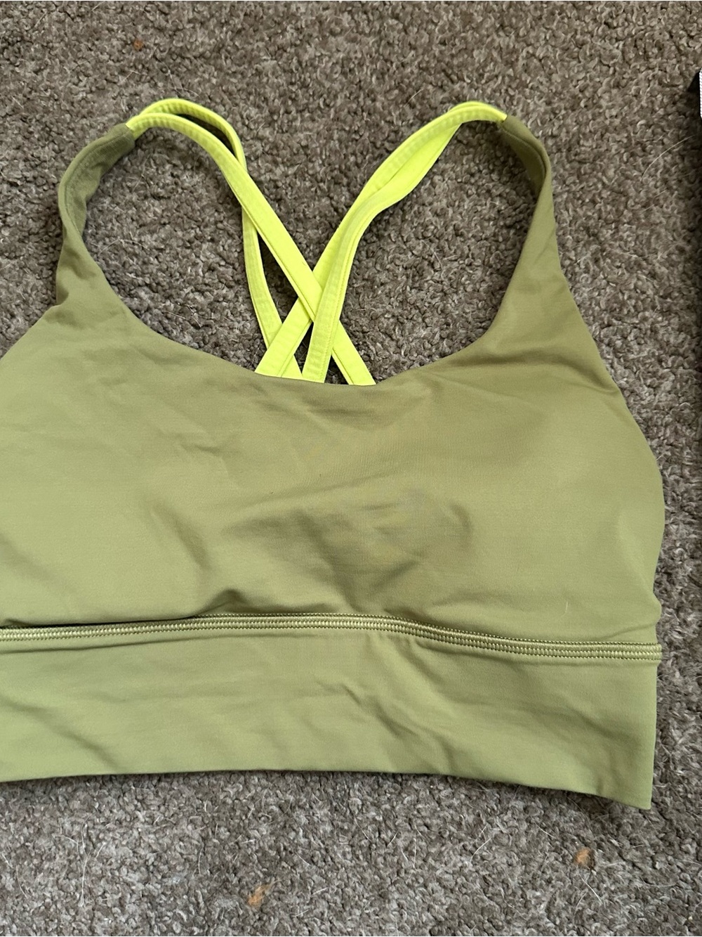 lululemon olive sports bra with neon yellow crossback straps